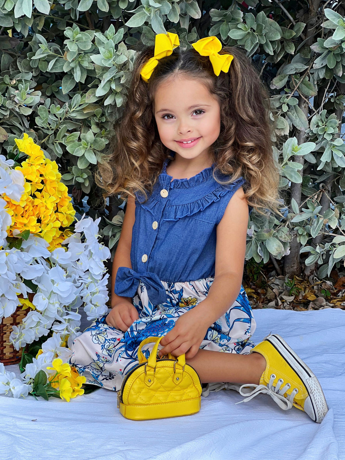 Toddler Spring Clothes | Girls Chambray Bodice Floral Skirt Dress
