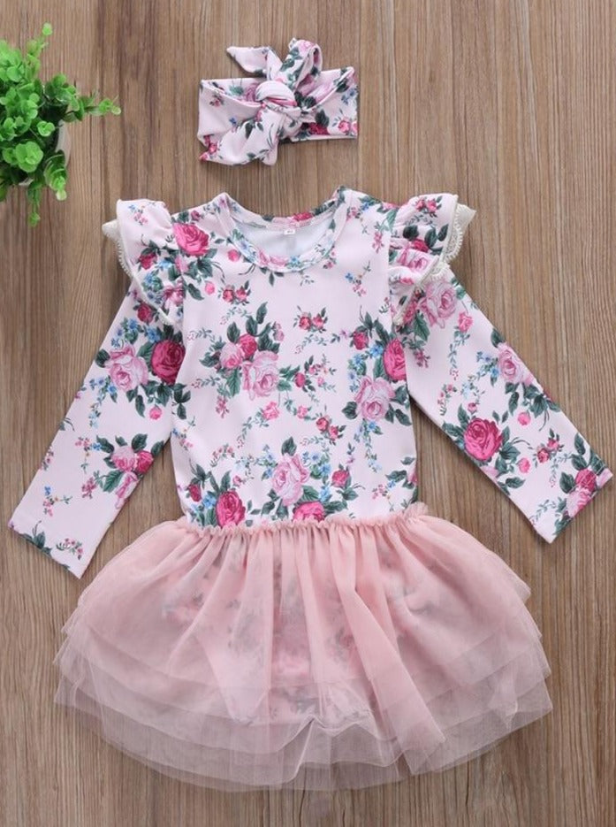 Baby Floral Tutu Long-Sleeved Onesie with Matching Headband