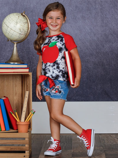 Back To School Apple Tie Dye Patched Denim Short Set | Mia Belle Girls