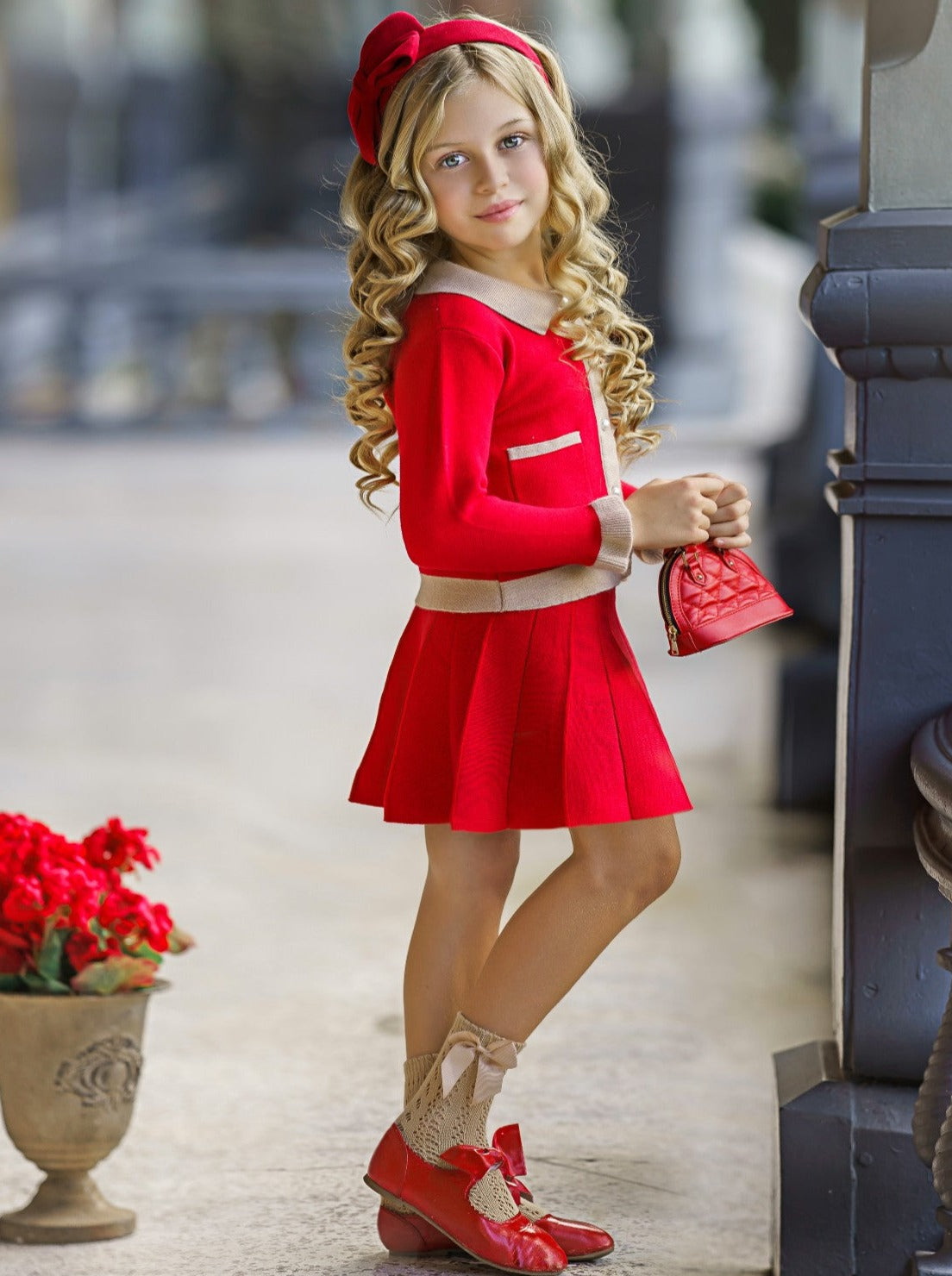 Girls Preppy Chic Clothes | Red Cardigan & Skirt Set | Mia Belle Girls