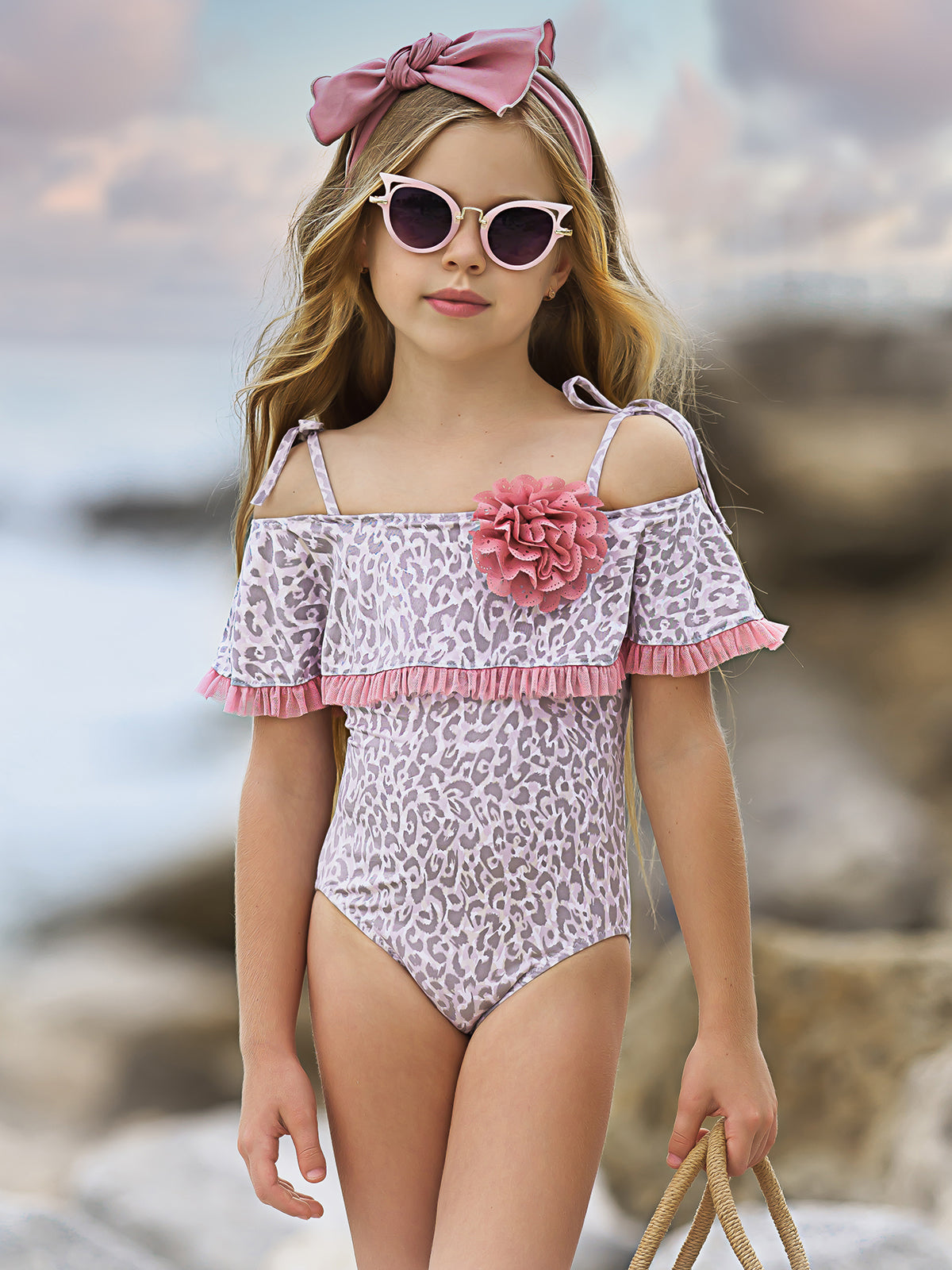 Kids Swimsuits | Girls Leopard Cold Shoulder Ruffle One Piece Swimsuit