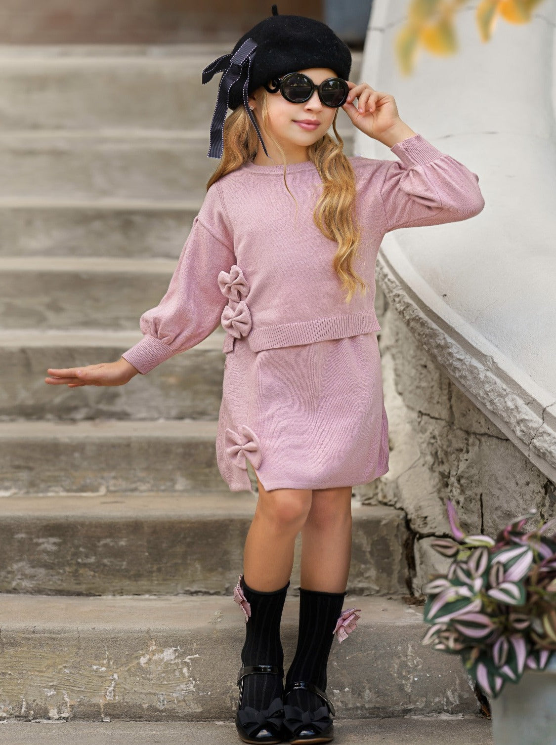 Preppy Chic Clothes | Bowknot Sweater & Skirt Set | Mia Belle Girls
