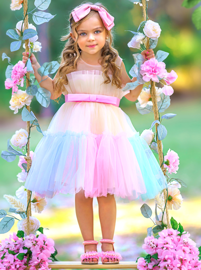 Girls Formal Dresses | Pastel Rainbow Ruffle Tulle Belted Party Dress