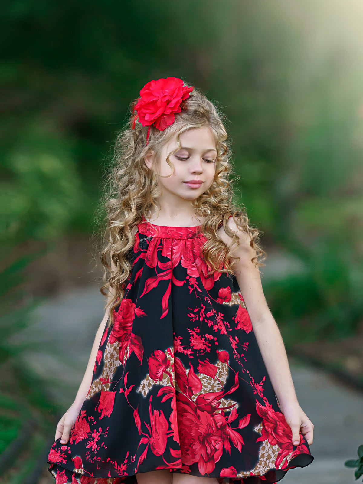 girls spring hi-low black with red floral dress 2T/3T to 10Y/12Y