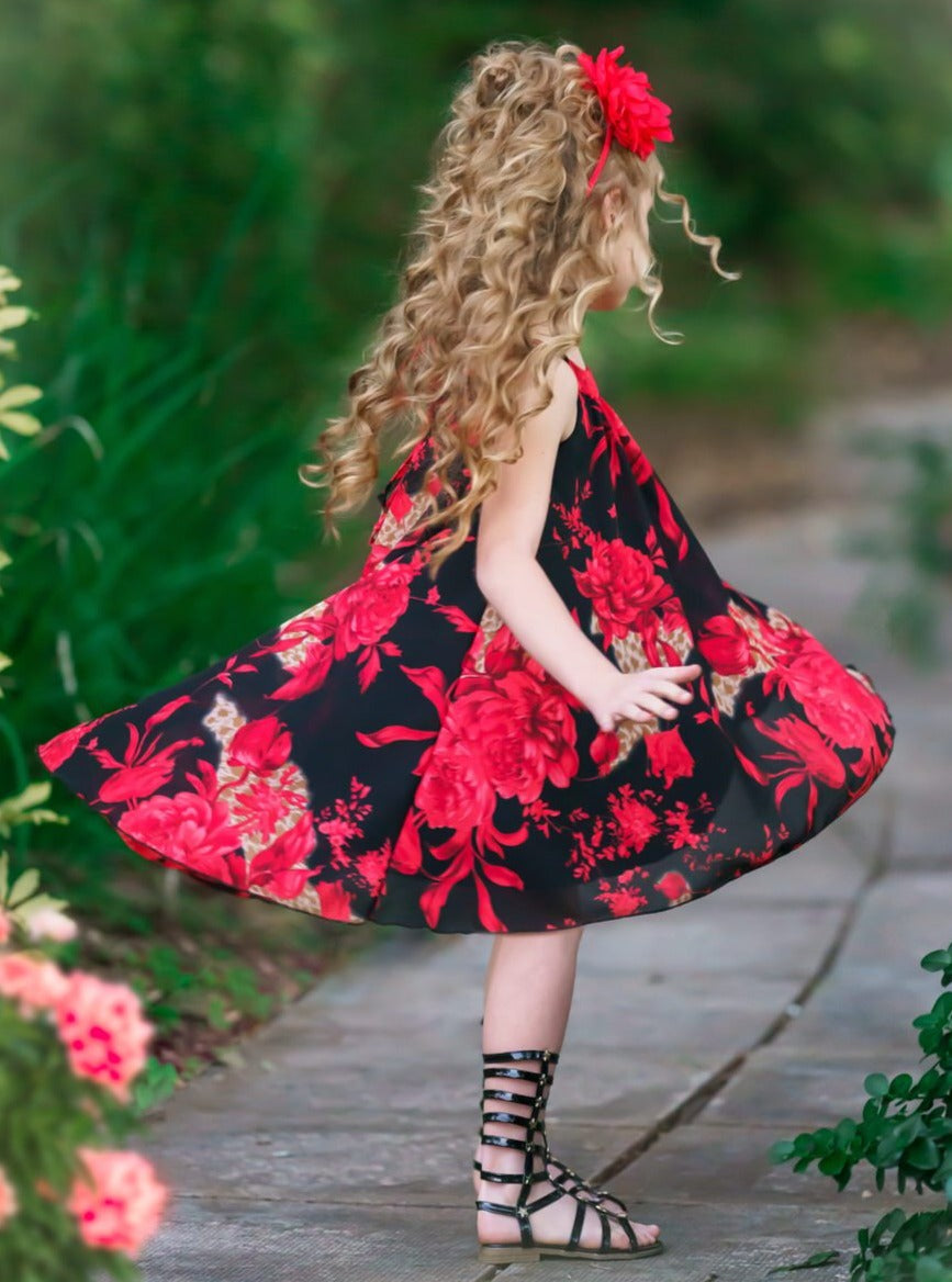 girls spring hi-low black with red floral dress 2T/3T to 10Y/12Y