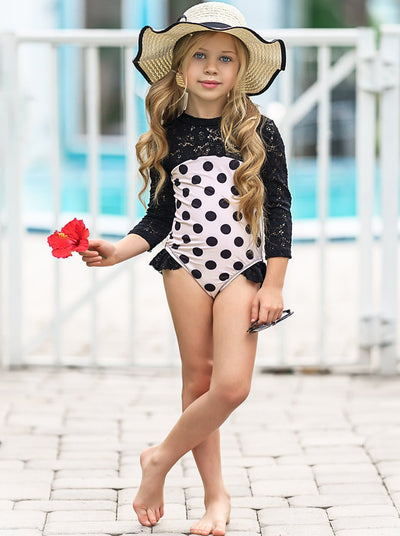 Kids Swimsuits | Polka Dot Lace Sleeve Rash Guard One Piece Swimsuit ...