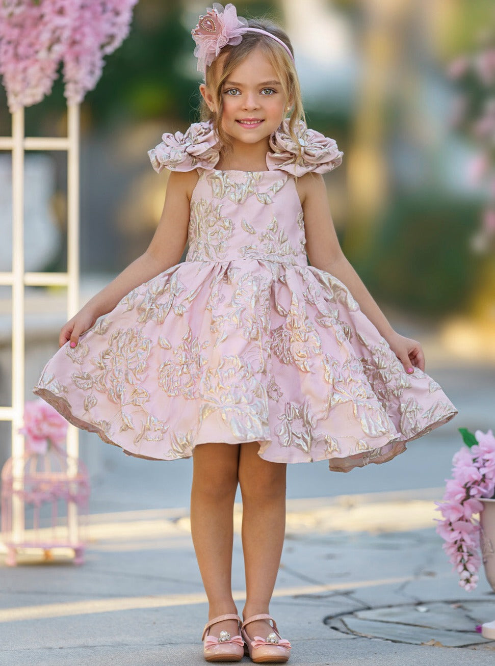 Girls Formal Dresses | Pink Flower Sleeve Brocade Pleated Dress – Mia ...