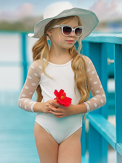 Little Girls Swimsuits | Polka Dot Sheer Sleeve One Piece Swimsuit
