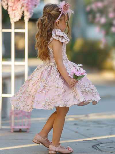 Girls Formal Dresses | Pink Flower Sleeve Brocade Pleated Dress