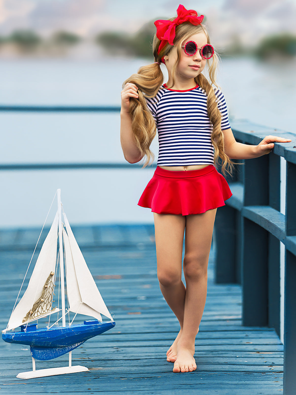 girls white and navy striped rashgaurd and red skirt bottoms 2T-10Y
