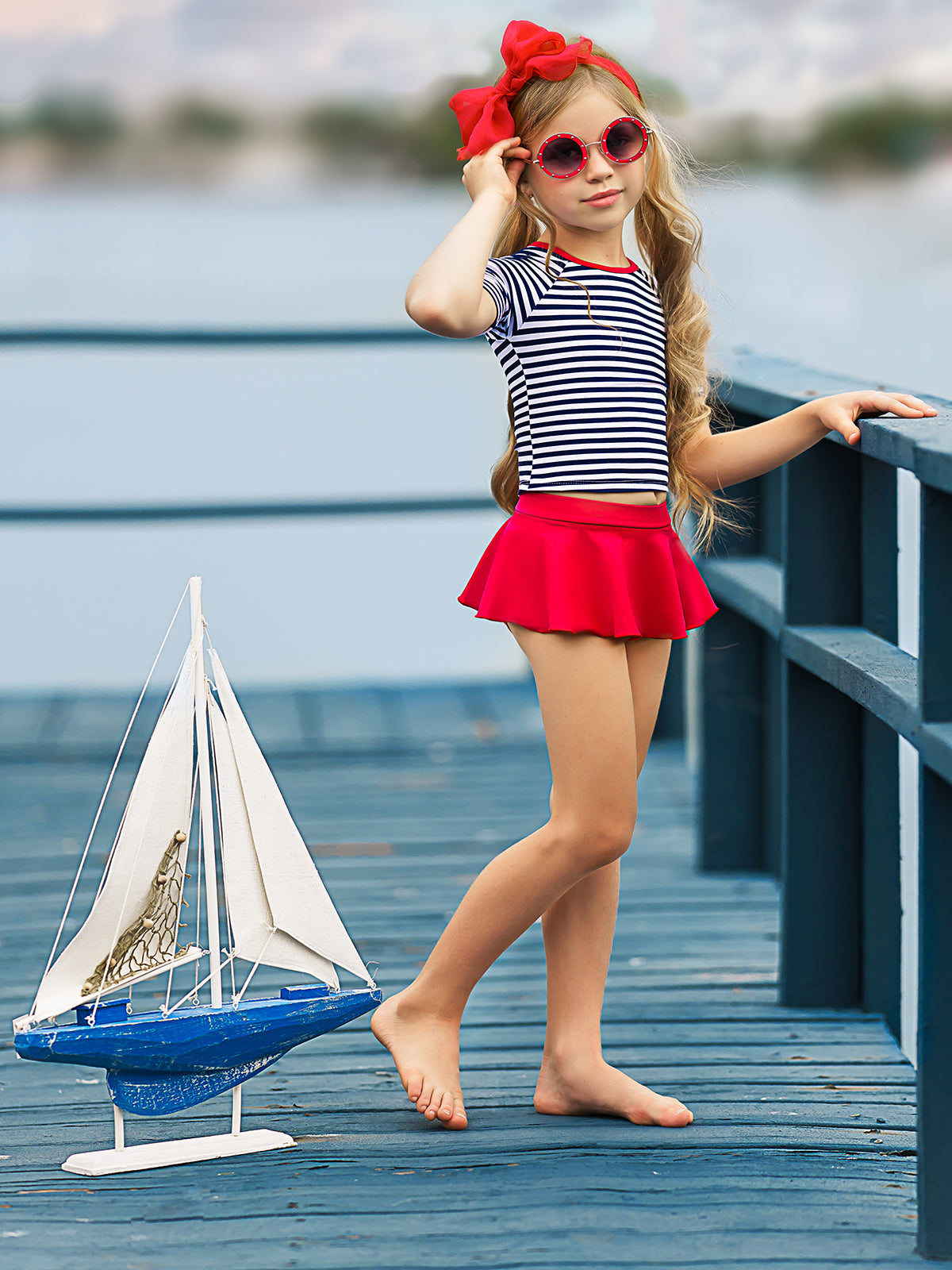 girls white and navy striped rashgaurd and red skirt bottoms 2T-10Y