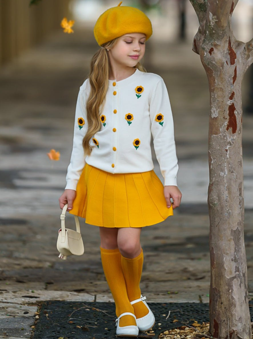 Preppy Chic Clothes | Sunflower Cardigan & Skirt Set | Mia Belle Girls