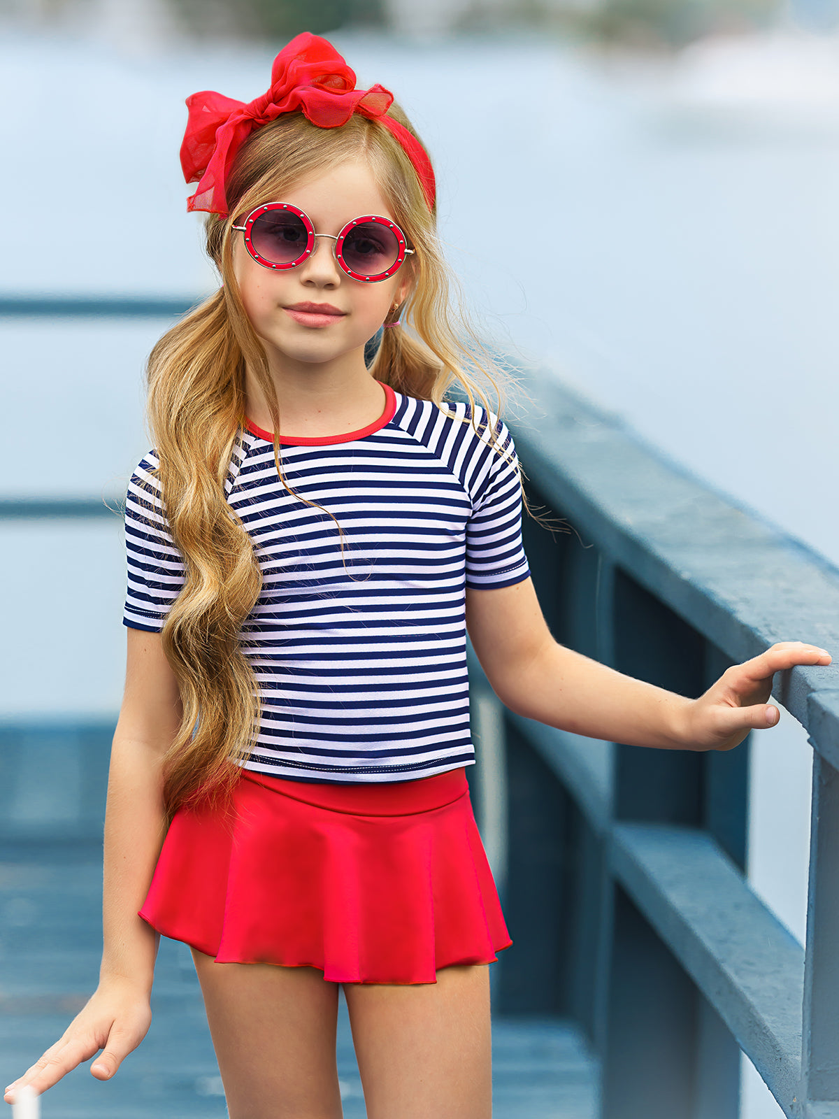 girls  white and navy striped rashgaurd and red skirt bottoms  2T-10Y