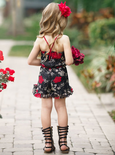 Girls Floral Halter Drawstring Waist Ruffled Hem Romper 2T/3T to 14Y black with red floral print