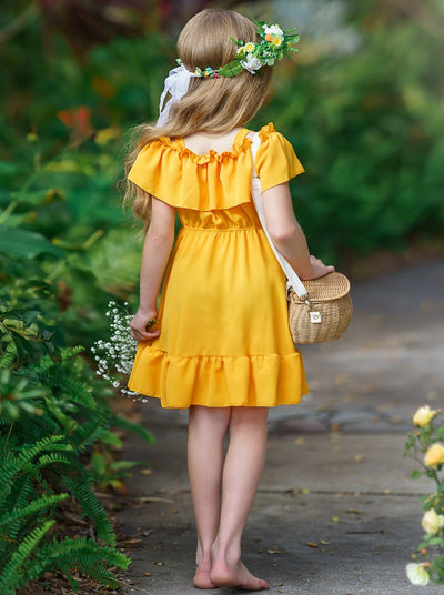 Girls Should Straps with Oversized Off-Shoulder Bib Ruffled Summer Dress 2T-10Y yellow