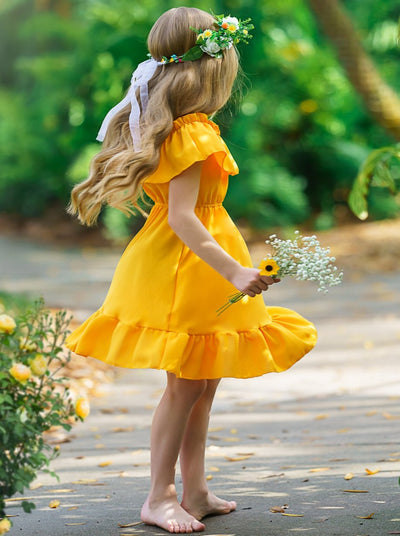 Girls Should Straps with Oversized Off-Shoulder Bib Ruffled Summer Dress 2T-10Y yellow