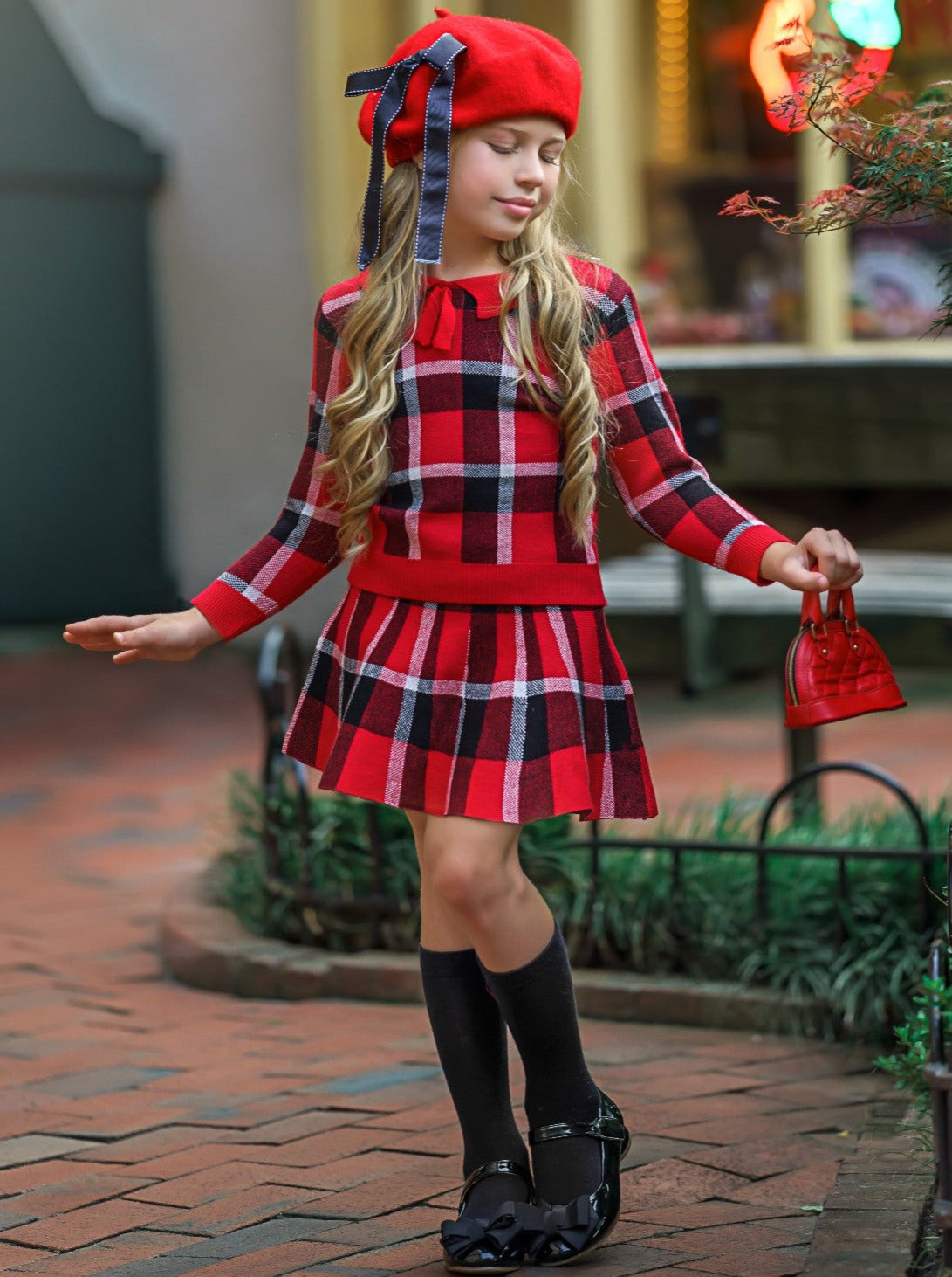 Preppy Chic Outfits | Plaid Sweater & Skirt Set | Mia Belle Girls
