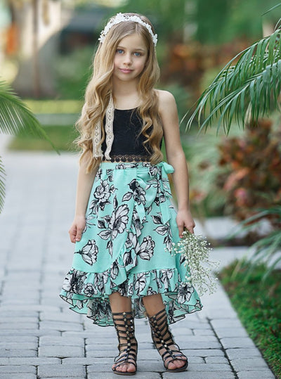 Kids Spring Clothes | Girls Crochet Halter Top & Floral Wrap Skirt Set