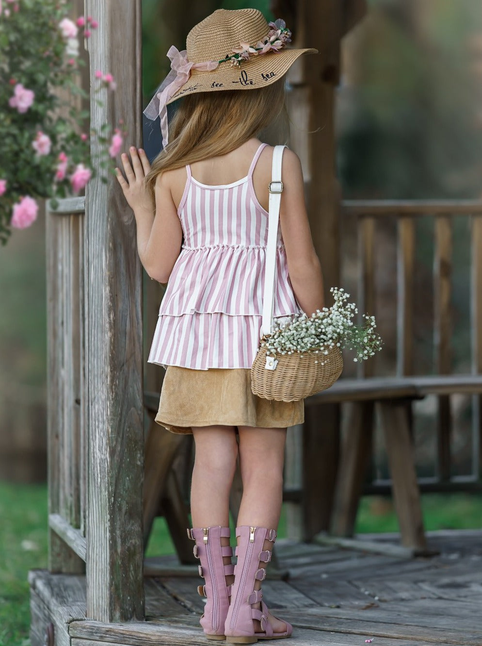 Toddler Spring Outfits | Girls Tiered Striped Tunic & Button Skirt Set