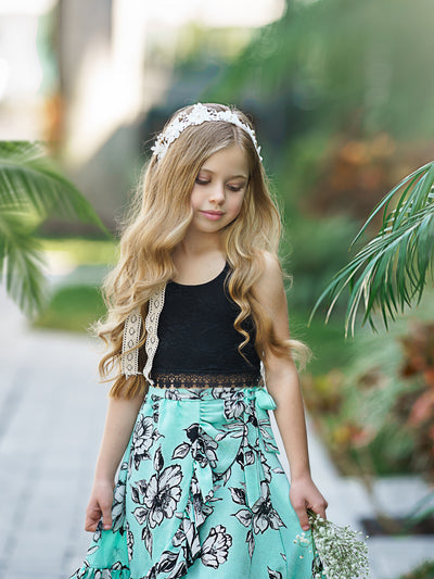 Kids Spring Clothes | Girls Crochet Halter Top & Floral Wrap Skirt Set