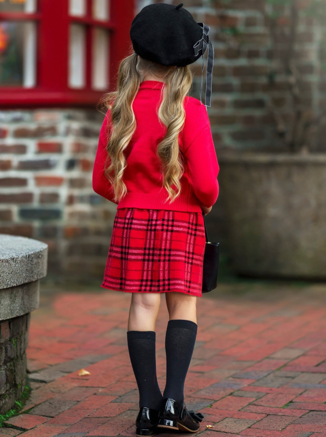 Preppy Chic Clothes | Red Cardigan & Plaid Skirt Set | Mia Belle Girls