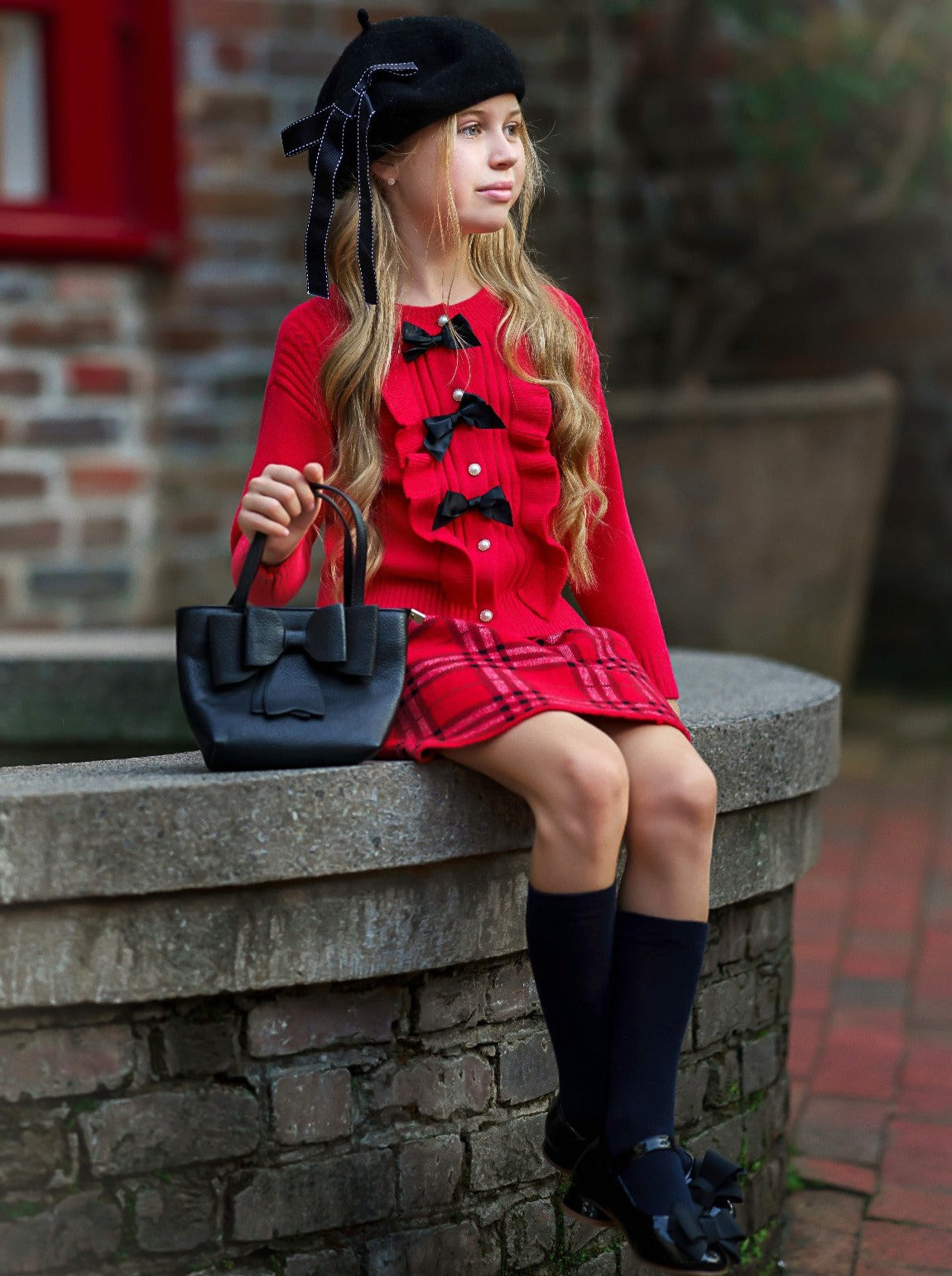 Preppy Chic Clothes | Red Cardigan & Plaid Skirt Set | Mia Belle Girls