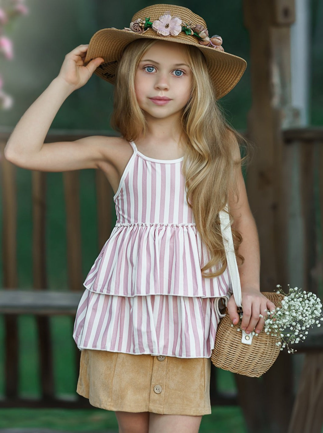 Toddler Spring Outfits | Girls Tiered Striped Tunic & Button Skirt Set