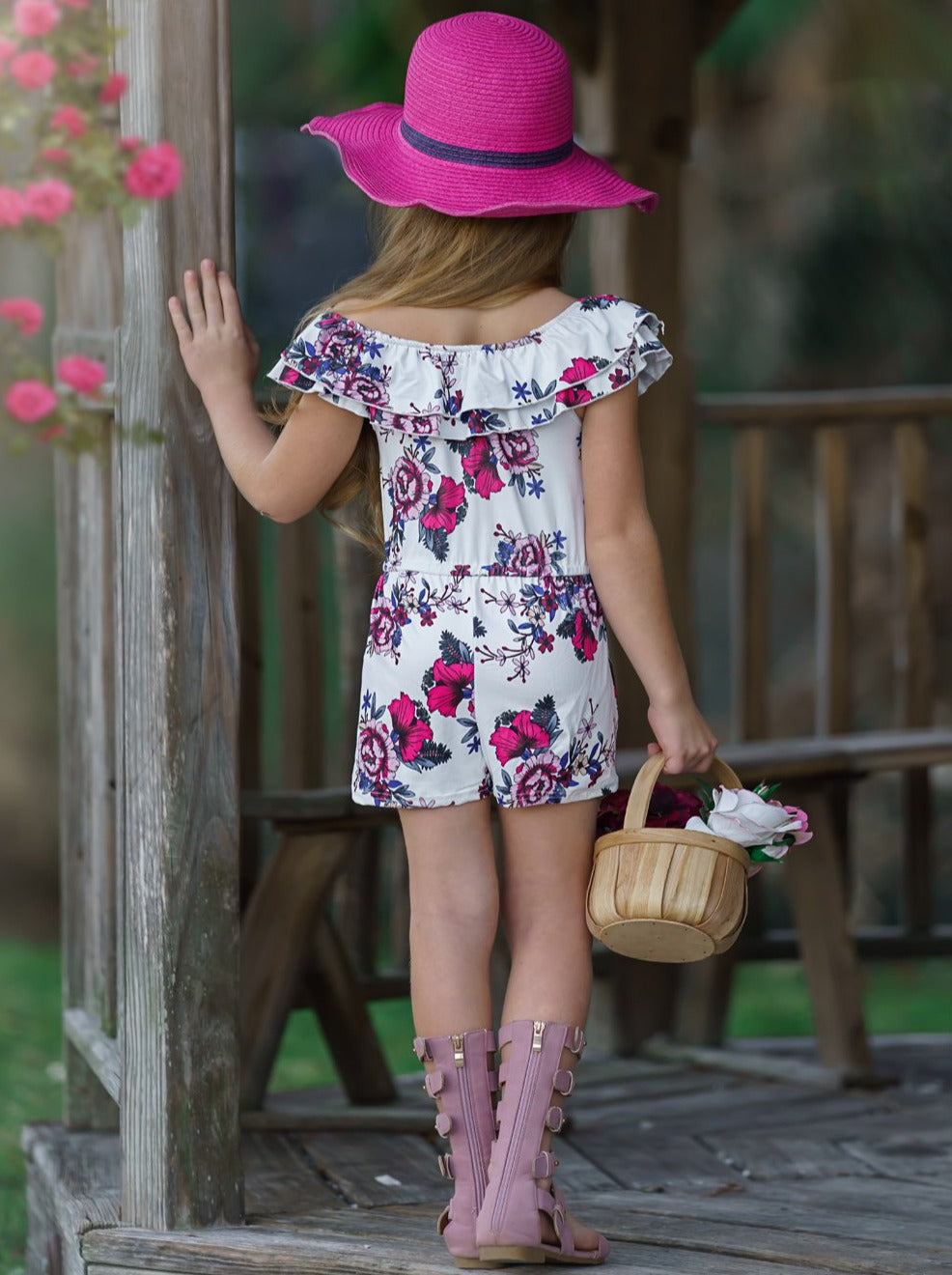 Toddler Spring Outfits | Little Girls Ruffle Bib Floral Rose Romper