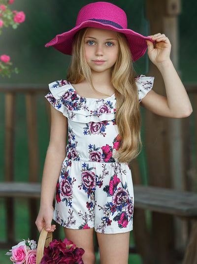 Toddler Spring Outfits | Little Girls Ruffle Bib Floral Rose Romper