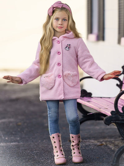 Girls Medium Long Wool Hooded with Fluffy Pockets Coat 18M-8Y Pink