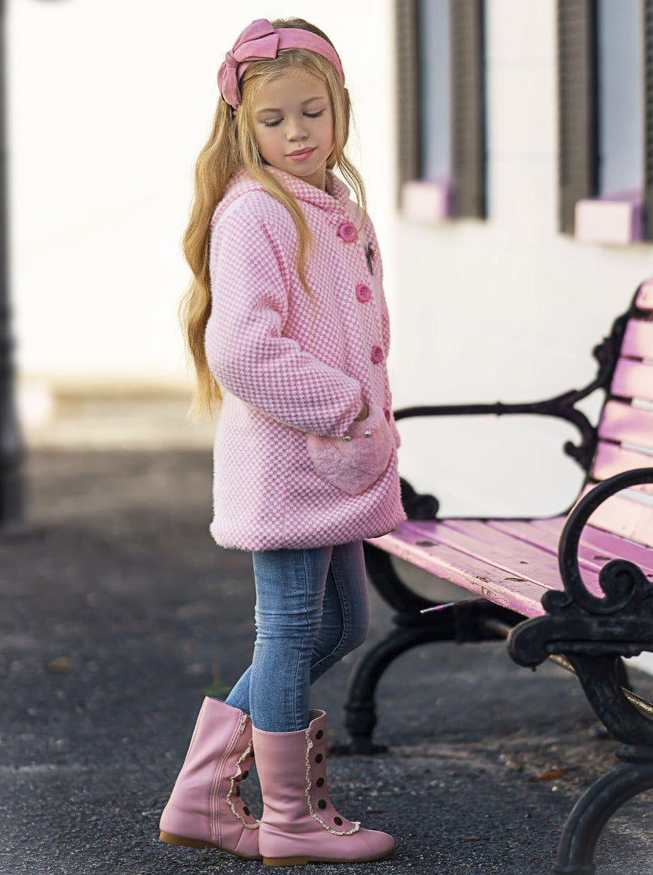 Girls Medium Long Wool Hooded with Fluffy Pockets Coat 18M-8Y Pink