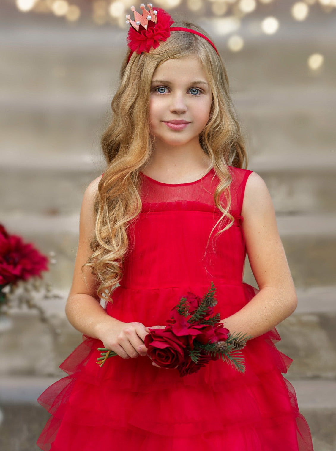 Little Girls Holiday Dresses | Sheer Collar Ruched Tulle Party Dress