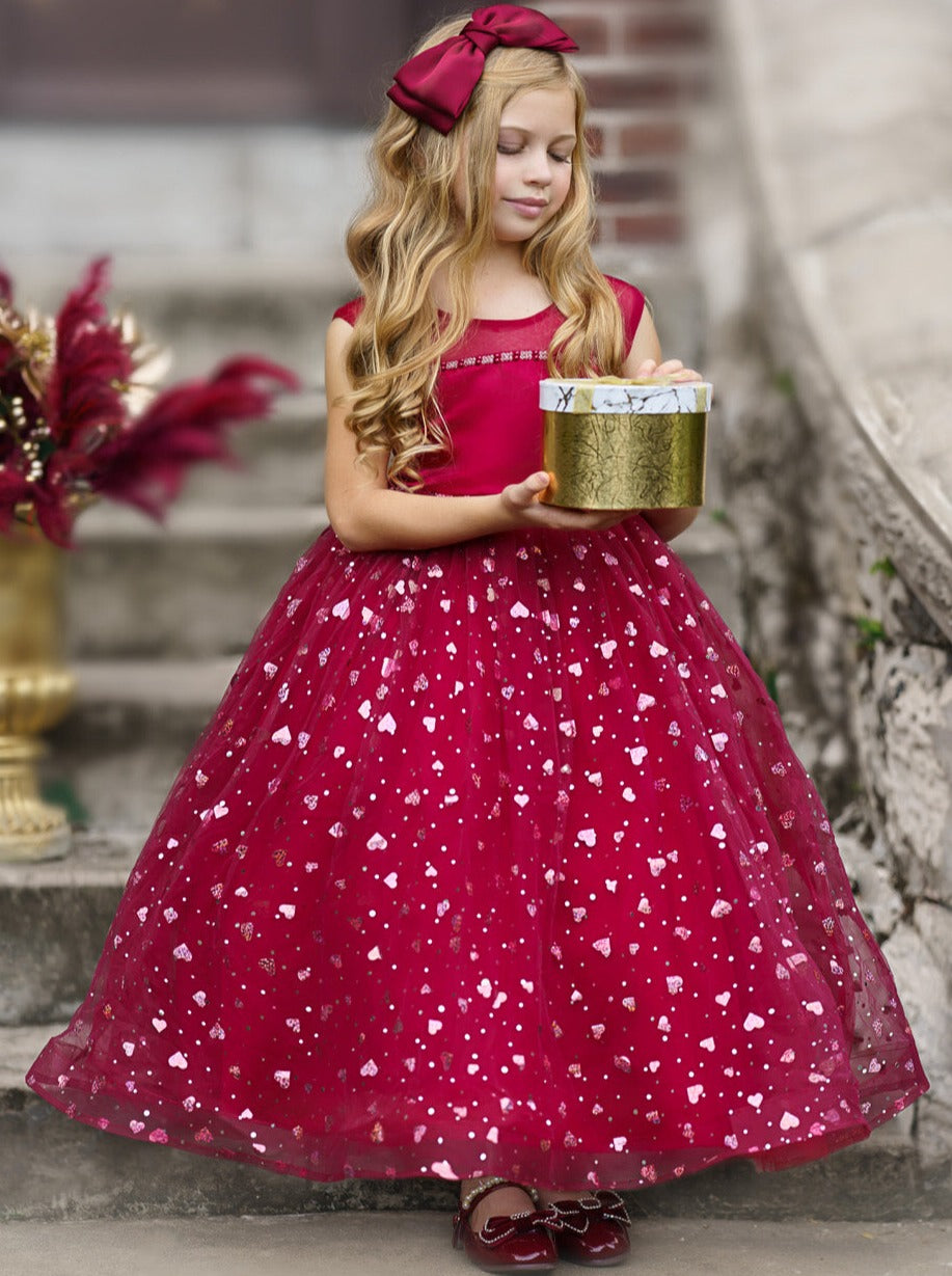 Little Girls Special Occasion Dress | Sparkle Heart Sheer Collar Gown ...