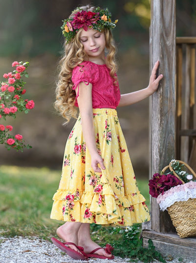 Girls Spring set features a pink lace crop top with drawstring-tie sleeves and yellow double ruffle hem maxi skirt with floral print 2T/3T to 10Y/12Y