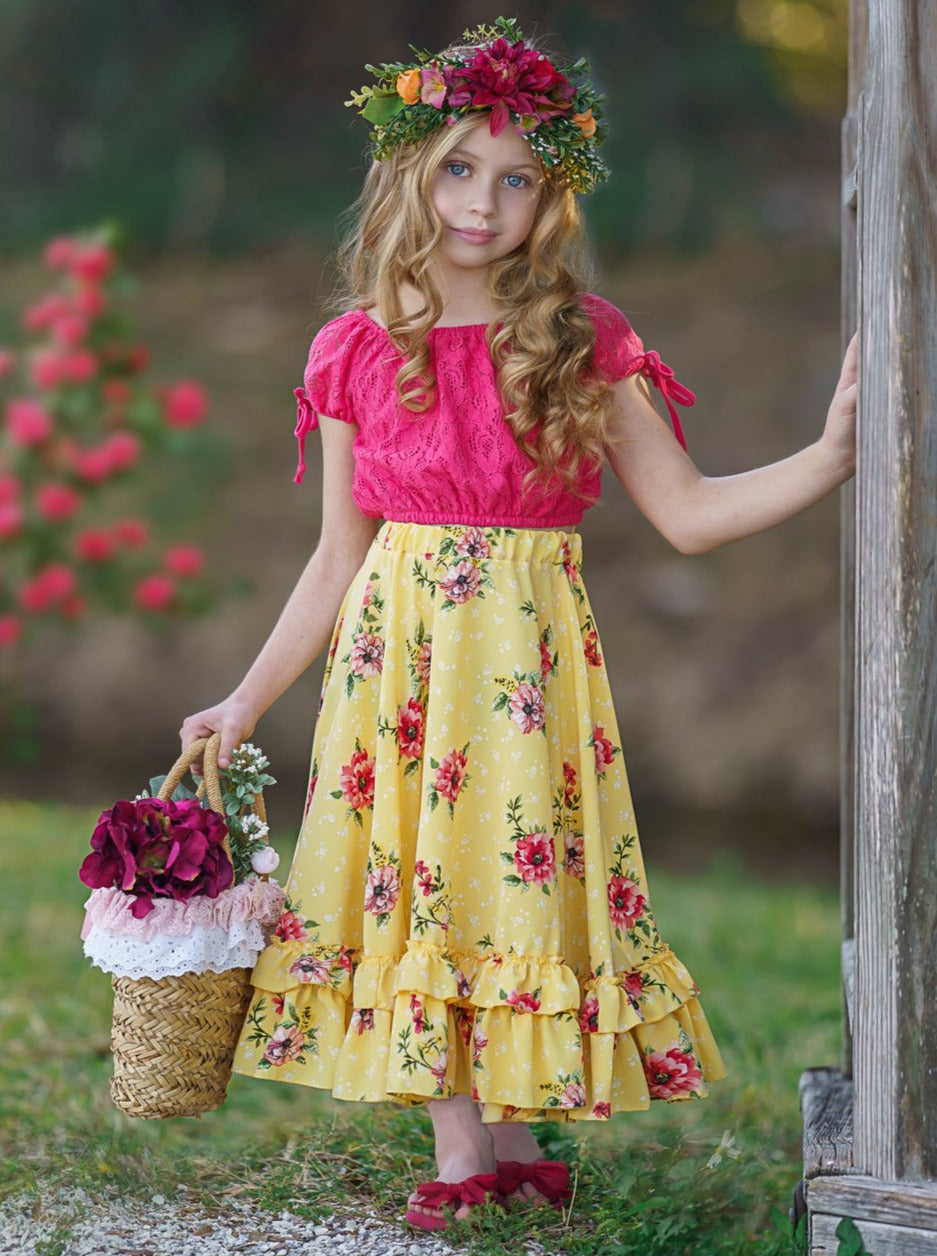 Girls Spring set features a pink lace crop top with drawstring-tie sleeves and yellow double ruffle hem maxi skirt with floral print 2T/3T to 10Y/12Y