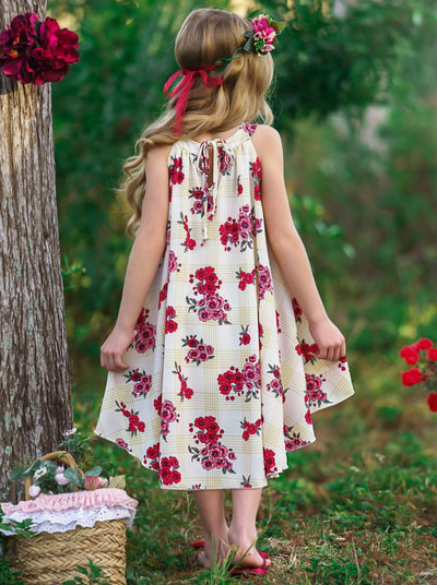 Girls Spring creme plaid flower flowy dress 2T-10T