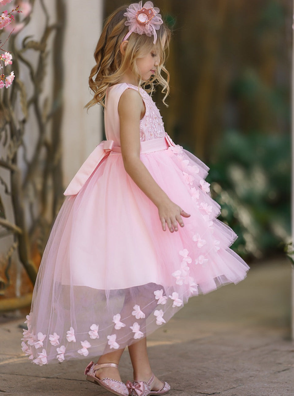 Girls Formal Dresses | Pink Embroidered Bodice Floral Hi-Lo Dress