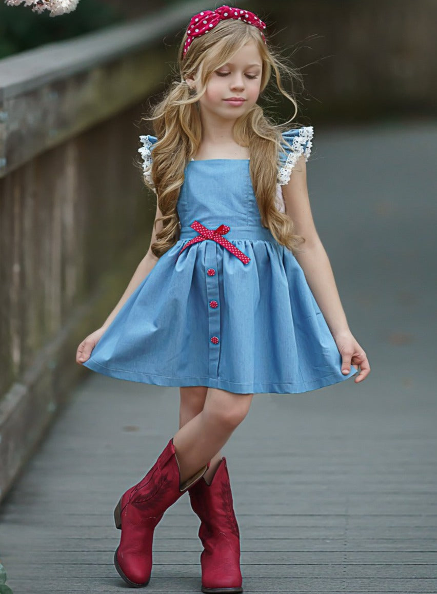Toddler Spring Dresses | Girls Ruffled Collar Lace Hem Chambray Dress
