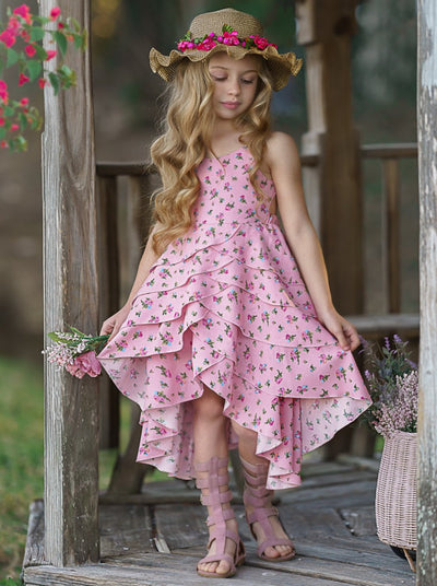girls spring casual dress floral tiered hi lo dress 2T-10Y Pink