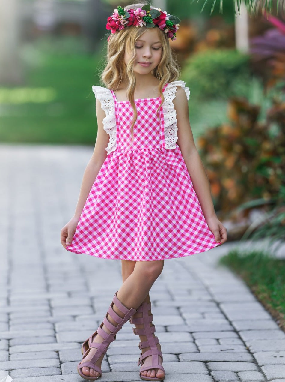 Toddler Spring Dresses | Girls Gingham Lace Flutter Sleeve Dress