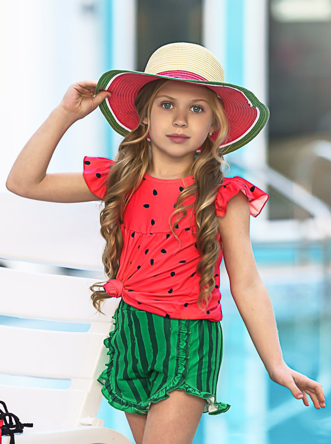girls red watermelon top with ruffled short sleeves and watermelon shorts Spring 2T-10Y