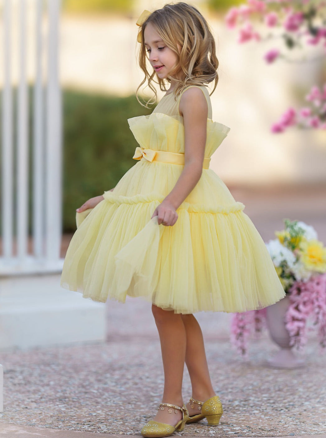 Little Girls Formal Dresses | Yellow Ruffle Tulle Belted Party Dress