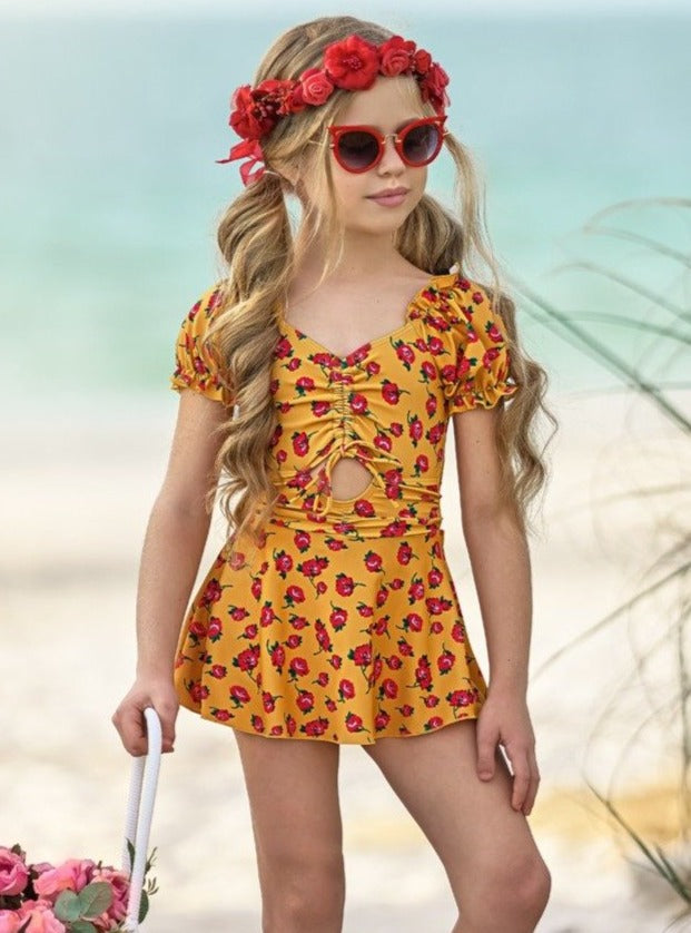 One Piece Girls Swimsuit | Puff Sleeve Rose Print Dress Swimsuit