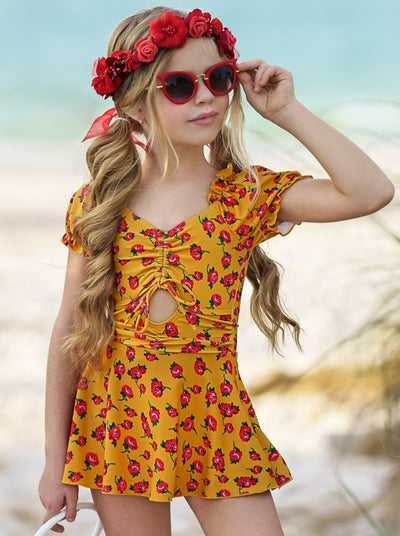 One Piece Girls Swimsuit | Puff Sleeve Rose Print Dress Swimsuit