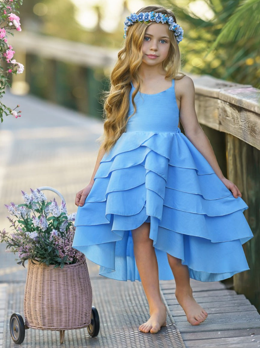 Toddler Spring Dresses | Girls Blue Sleeveless Tiered Hi-Lo Dress