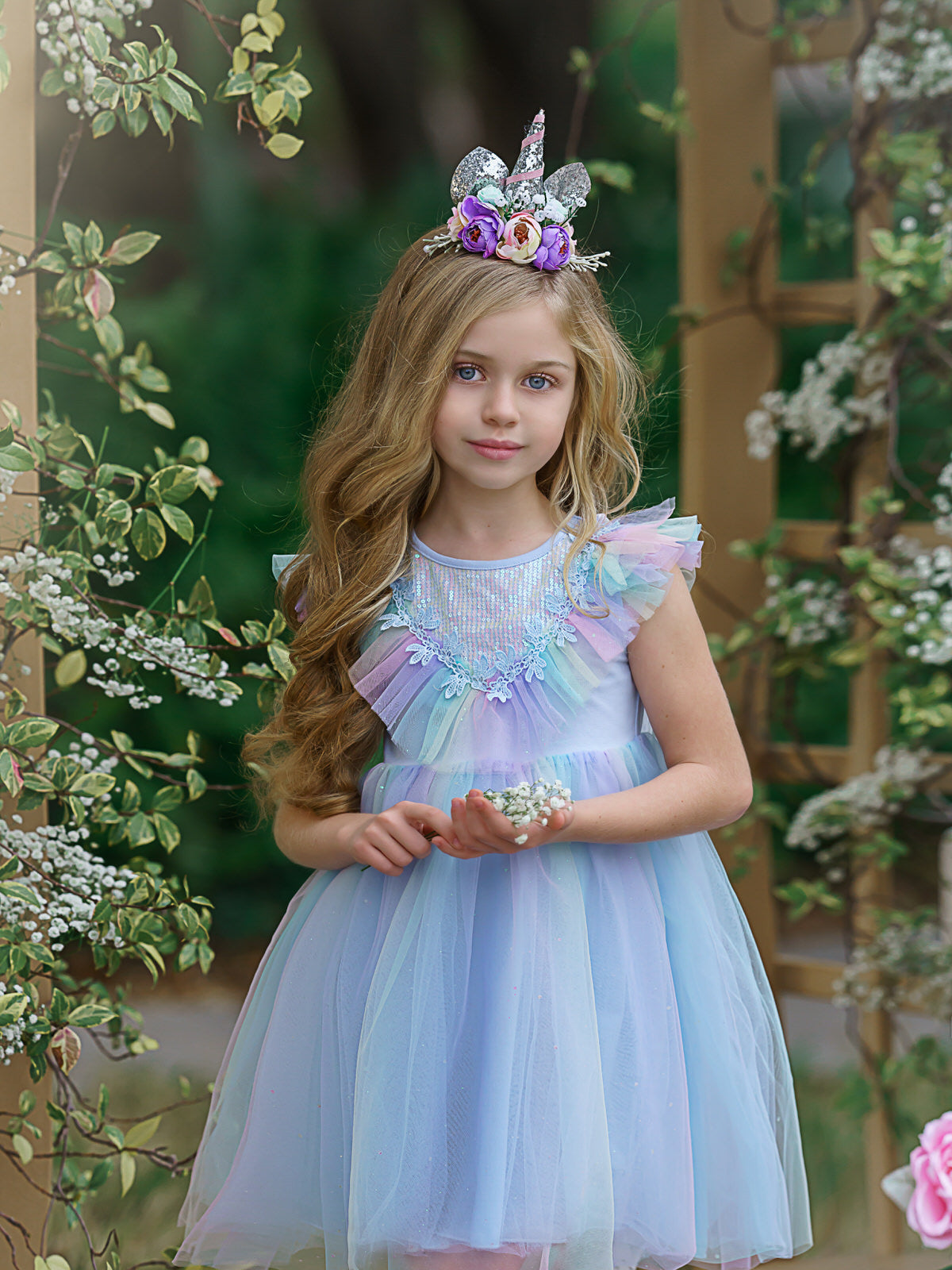 Girls Party Dresses | Pastel Rainbow Sequin Tulle Dress With Train
