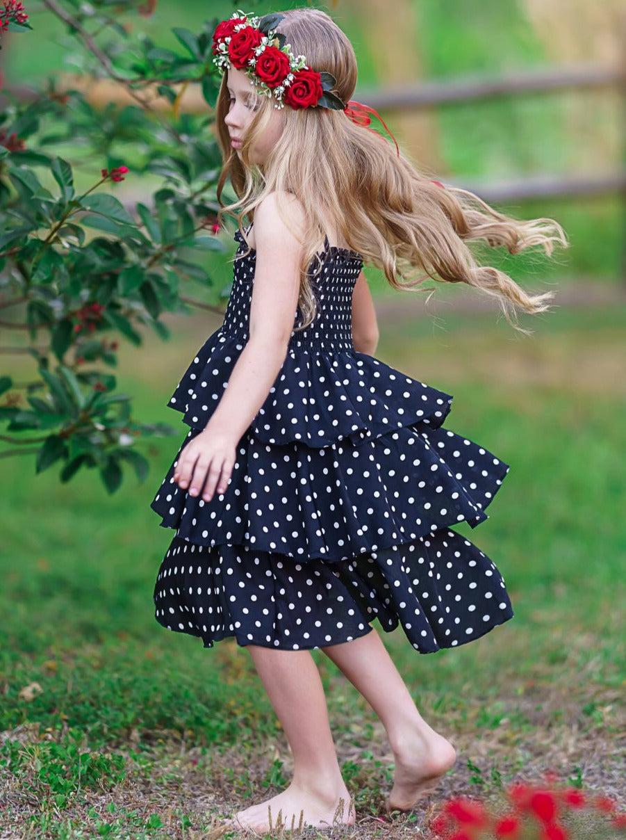 girls spring multi layer black and white polka dot dress with front button 2T-10YToddler Spring Dresses | Little Girls Polka Dot Tiered Ruffle Dress