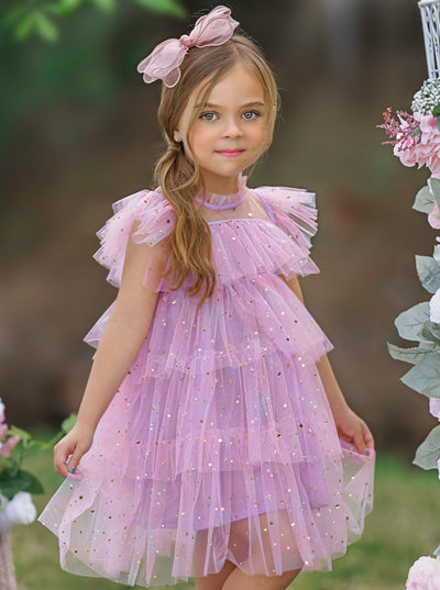 Mia Belle Girls Sequined Pink Tiered Tulle Dress | Girls Dresses