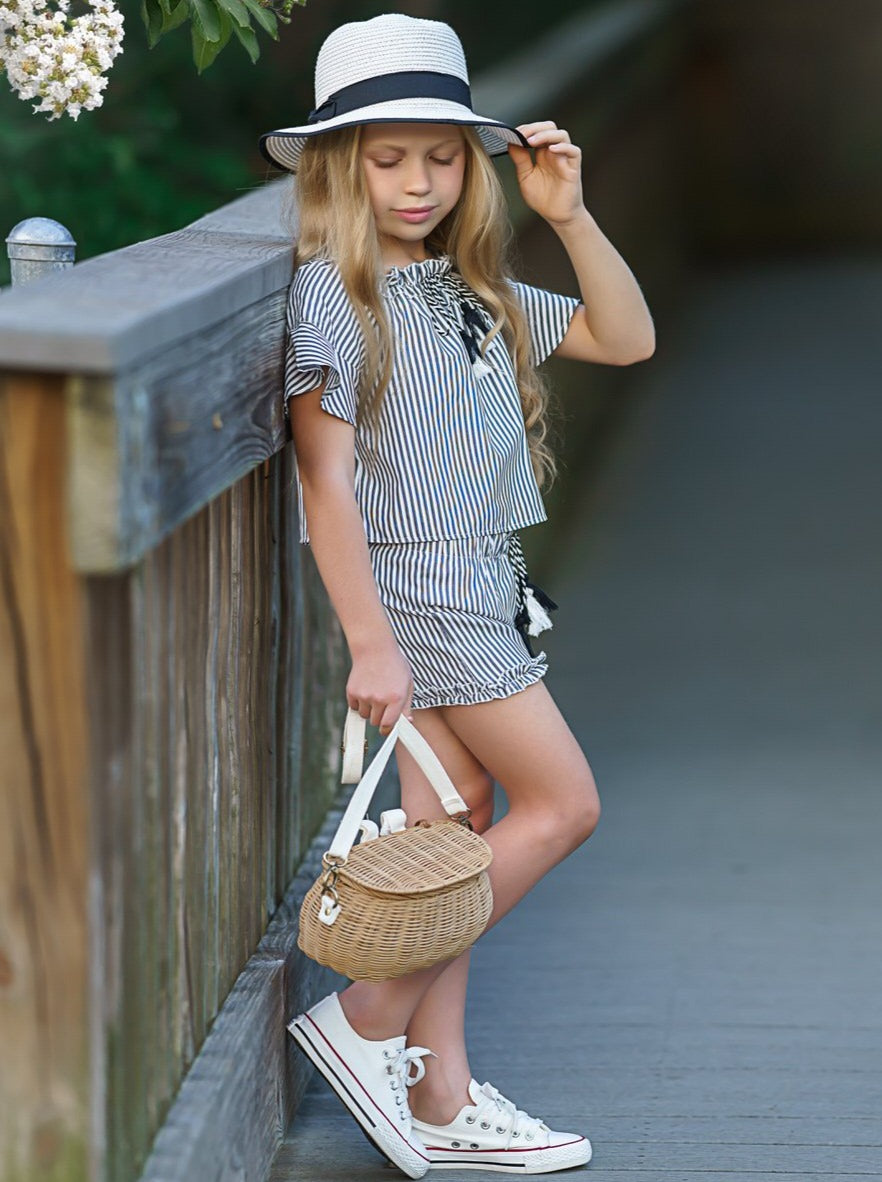 Girls Spring Outfits | Blue Pinstriped Off Shoulder Top & Shorts Set
