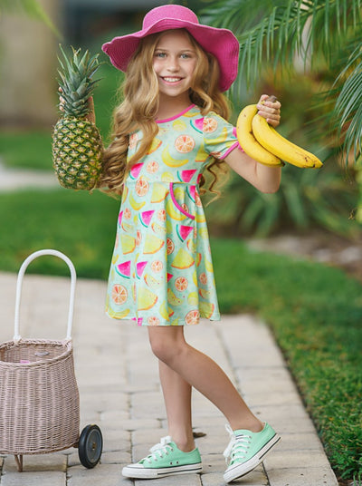 Little Girls Resort Wear | Tropical Fruit Print Capped Sleeve Dress